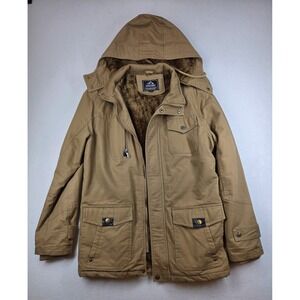 Outdoor Jacket Mens Canvas Utility Parka Faux Fur Lined Hooded Khaki Tan Small